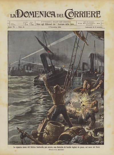 Het Russische Baltische squadron bombardeert per ongeluk een vloot van Engelse vissersboten in de Noordzee door Achille Beltrame