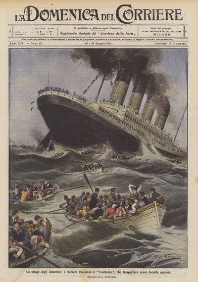 Het bloedbad van de onschuldigen, de Duitsers laten de Lusitania zinken, die bijna tweeduizend mensen vervoerde door Achille Beltrame