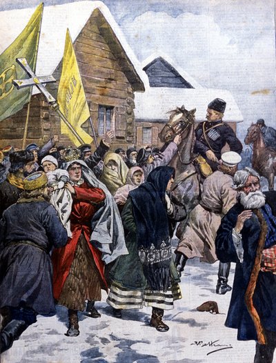 Bijgeloof in Rusland: de politie probeert de sekte van de nieuwe christenen te verspreiden. Illustratie van Beltrame. La Domenica del Corriere. 1901. door Achille Beltrame
