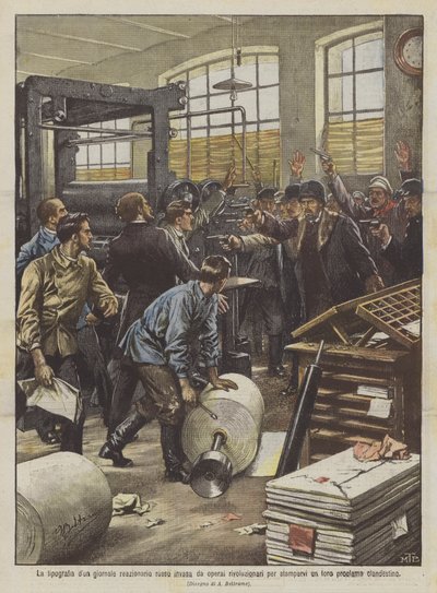 De drukkerij van een reactionaire Russische krant bezet door revolutionaire arbeiders om hun eigen krant te drukken door Achille Beltrame