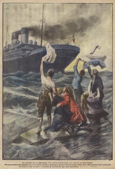 De tragedie van zes Amerikanen, op drift in de oceaan, op de resten van een watervliegtuig door Achille Beltrame