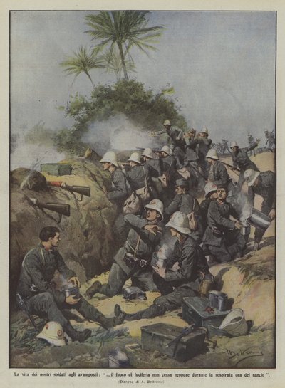 Het leven van onze soldaten aan de voorposten, het geweervuur stopt zelfs niet tijdens door Achille Beltrame