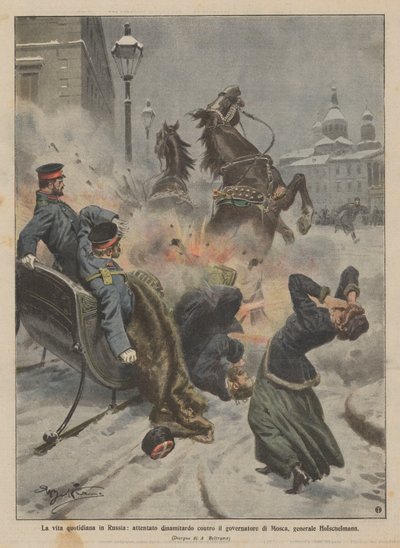 Het dagelijks leven in Rusland, bomaanslag op de gouverneur van Moskou, generaal Holschelmann door Achille Beltrame
