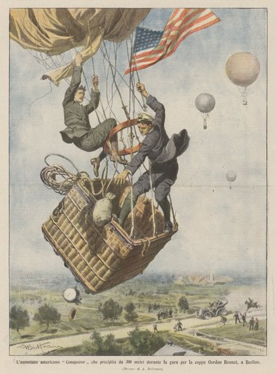 De Amerikaanse luchtballon Conqueror stort neer van 300 meter tijdens de race voor de Gordon Bennett Cup in Berlijn door Achille Beltrame
