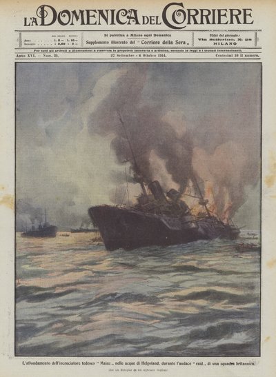 Het zinken van de Duitse kruiser Mainz in de wateren van Helgoland, tijdens een gedurfde aanval door Achille Beltrame