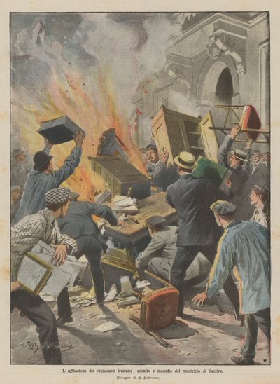 De onrust van Franse wijnboeren, aanval en brandstichting van het gemeentehuis van Beziers door Achille Beltrame