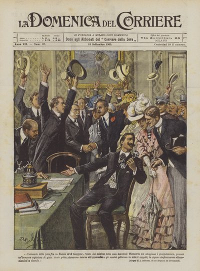 De aankondiging van de vrede tussen Rusland en Japan door Achille Beltrame