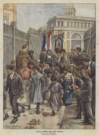 De aankomst in Milaan van de Calabrische wezen door Achille Beltrame
