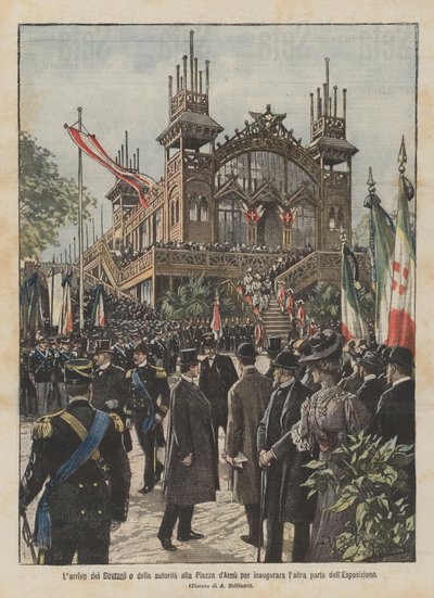 De aankomst van de vorsten en autoriteiten op het Exercitieplein voor de opening van het andere deel van de Tentoonstelling door Achille Beltrame