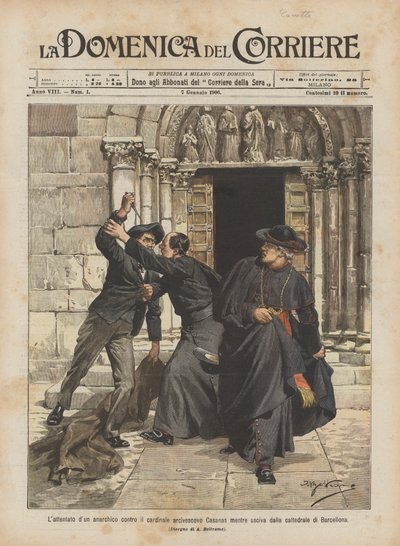 De aanslag van een anarchist op kardinaal aartsbisschop Casanas terwijl hij de kathedraal van Barcelona verliet door Achille Beltrame
