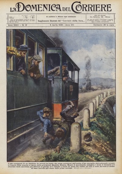 De moedige daad van een stoker redde een kind dat zich niet bewust was van de naderende trein door Achille Beltrame