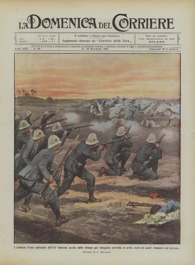 De lof van een patrouille van het 84e infanterie die uit de loopgraven kwam om een groep Arabieren te achtervolgen door Achille Beltrame