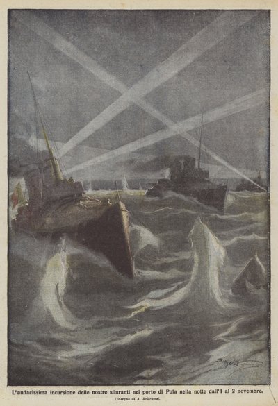 De gedurfde aanval van onze torpedoboten in de haven van Pola in de nacht van 1 op 2 november door Achille Beltrame