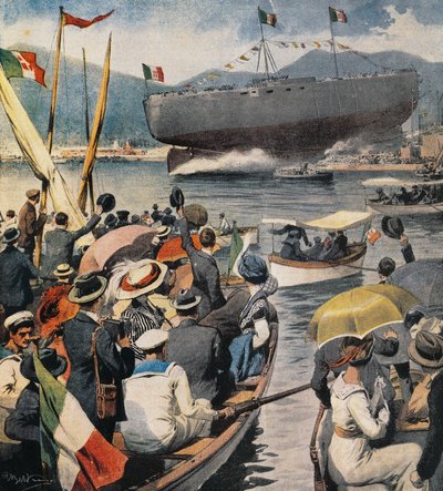 Te water laten van slagschip Andrea Doria vanuit Arsenale in La Spezia, paneel door Achille Beltrame (1871-1945), La Domenica del Corriere, 6 april door Achille Beltrame