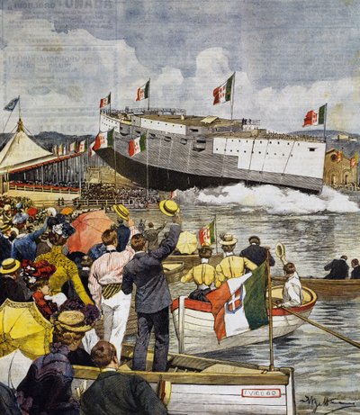 Te water laten van slagschip Regina Margherita in La Spezia, paneel door Achille Beltrame (1871-1945), La Domenica del Corriere, 9 juni door Achille Beltrame