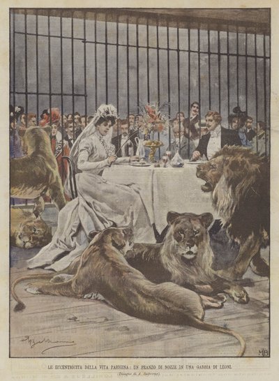 De Excentriciteiten van het Parijse Leven, Een Huwelijksdiner in een Leeuwenkooi door Achille Beltrame