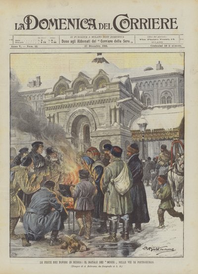 De feesten van de armen in Rusland, de kerst van de boeren op de straten van Sint-Petersburg door Achille Beltrame