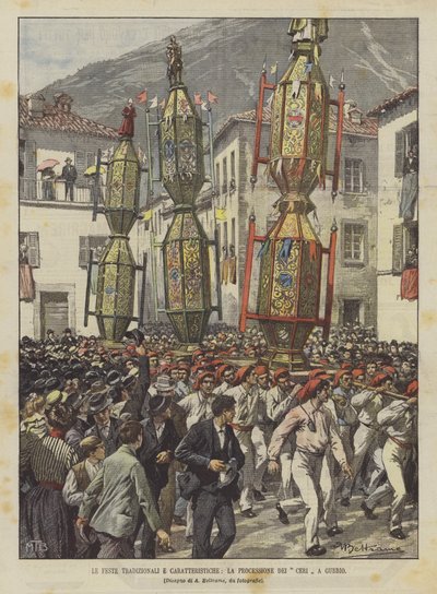 De traditionele en karakteristieke feesten, de kaarsenprocessie in Gubbio door Achille Beltrame