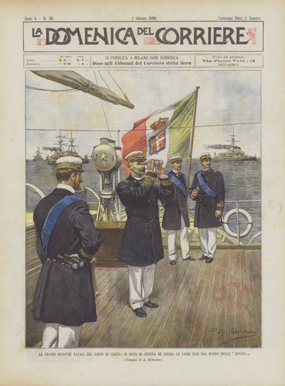 De grote marine-oefeningen in de Golf van Gaeta, de hertog van Genua bestudeert de verschillende fasen vanaf het schip Savoia door Achille Beltrame