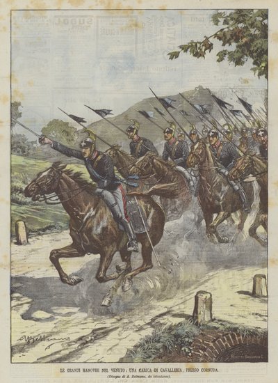De grote manoeuvres in Veneto, een cavaleriecharge bij Cornuda door Achille Beltrame
