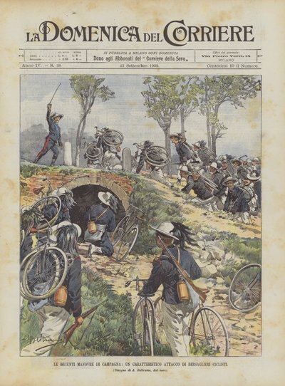 De recente veldmanoeuvres, een karakteristieke aanval van fietsende bersaglieri door Achille Beltrame