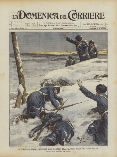 De slachtoffers van de plicht, Russische wachters aan de grenzen van Mantsjoerije gedood door de intense kou door Achille Beltrame