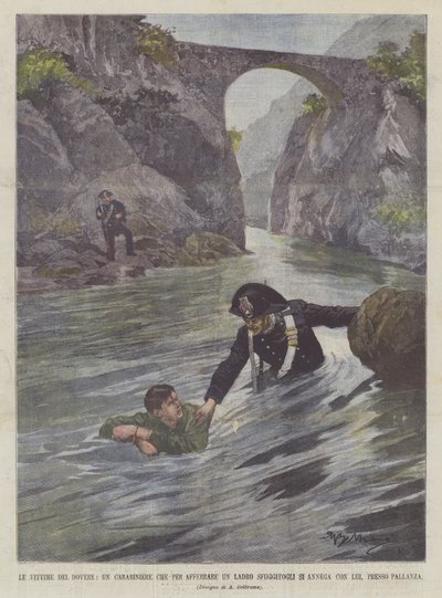 De slachtoffers van de plicht, een carabinier die, om een ontsnapte dief te grijpen, met hem verdrinkt, nabij Pallanza door Achille Beltrame