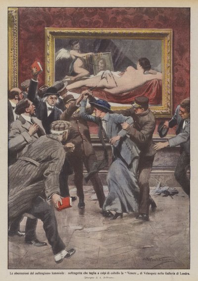De aberraties van het vrouwenkiesrecht, suffragette snijdt de Venus met een mes door Achille Beltrame