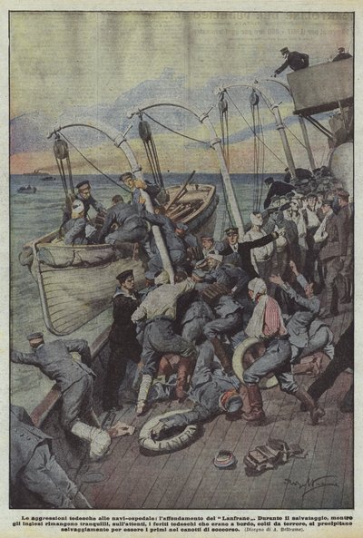 De Duitse aanvallen op hospitaalschepen, de ondergang van de Lanfrane door Achille Beltrame