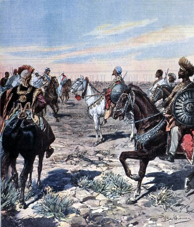Kapitein Mozzetti in het kamp van Ras Makonnen (Mekonnen Welde Mikael) (Abba Qagnew) in Ethiopië. Illustratie door Beltrame. La Domenica del corriere. 1899. door Achille Beltrame