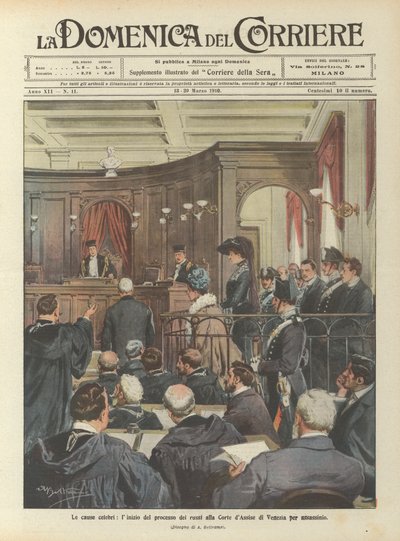 De beroemde rechtszaken, het begin van het proces van de Russen bij het Hof van Assisen in Venetië voor moord door Achille Beltrame