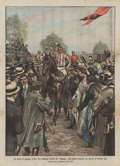 De galoprennen in San Siro (Milaan), de aankomst van het winnende paard van de prijs van 100.000 lire door Achille Beltrame