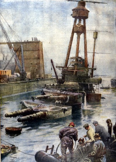 Het Duitse slagschip Hindenburg, gezonken bij Scapa Flow in Schotland, is weer aan de oppervlakte gekomen dankzij de Engelse vloot na 7 jaar op de bodem van de oceaan. Illustratie van Beltrame. La Domenica del Corriere door Achille Beltrame