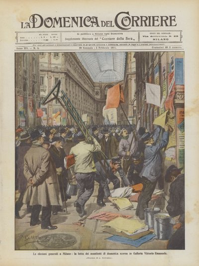 De algemene verkiezingen in Milaan, de strijd van de affiches van afgelopen zondag in de Galleria Vittorio Emanuele door Achille Beltrame