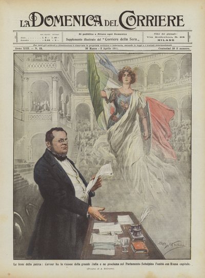 De feesten van het vaderland, Cavour heeft de visie van het grote Italië en verkondigt dit in het parlement door Achille Beltrame