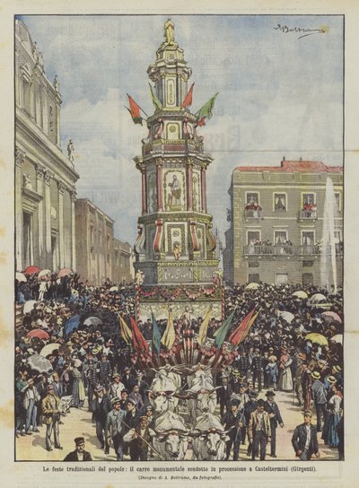 De traditionele volksfeesten, de monumentale wagen in processie naar Casteltermini (Girgenti) door Achille Beltrame