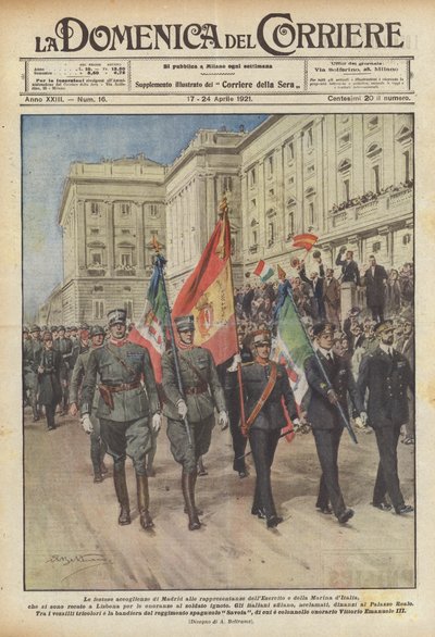 De feestelijke ontvangst van Madrid voor de vertegenwoordigers van het Italiaanse leger en de marine ? door Achille Beltrame