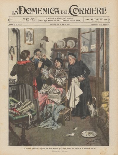 Onbekende fortuinen, duizend biljetten toevallig gevonden in een korset van een overleden dame door Achille Beltrame