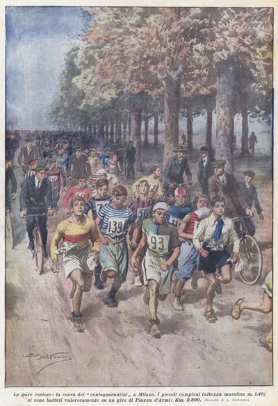 De curieuze wedstrijden, de race van de honderdvijftig in Milaan door Achille Beltrame