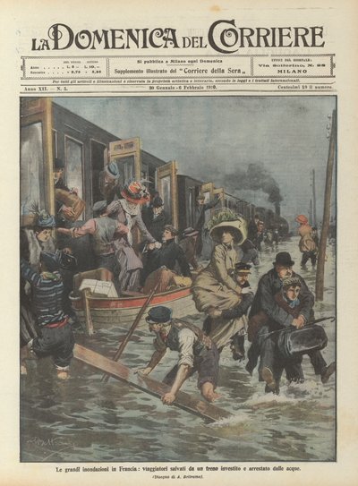 De grote overstromingen in Frankrijk, reizigers gered van een trein getroffen en gestopt door het water door Achille Beltrame