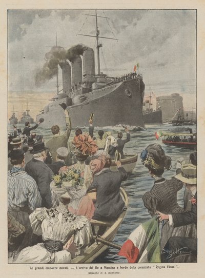 De grote marine-oefeningen, de aankomst van de koning in Messina aan boord van het slagschip Regina Elena door Achille Beltrame