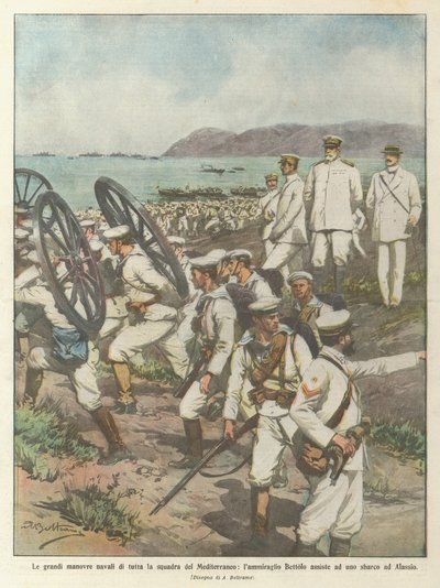 De grote marine-oefeningen van de hele Middellandse Zeevloot, admiraal Bettolo woont een door Achille Beltrame