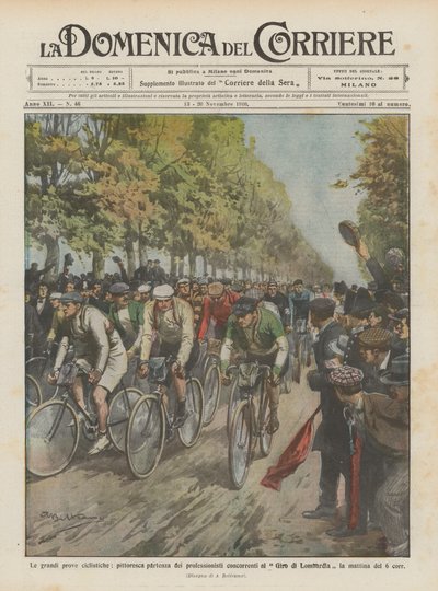 De grote wielerwedstrijden, pittoresk vertrek van de professionele deelnemers aan de Giro door Achille Beltrame