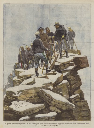 De grote beproevingen van het alpinisme, de 36e compagnie alpini van het Susa-bataljon bereikt de top door Achille Beltrame