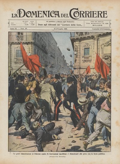 De ernstige demonstraties in Palermo tegen de maritieme conventies, de demonstranten in gevecht met de politie door Achille Beltrame
