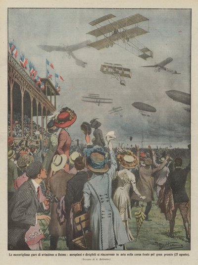 De wonderbaarlijke luchtvaartwedstrijden in Reims, vliegtuigen en luchtschepen achtervolgen elkaar in de lucht door Achille Beltrame