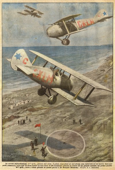 De nieuwigheden van de luchtvaart, golf gespeeld vanuit de lucht door Achille Beltrame
