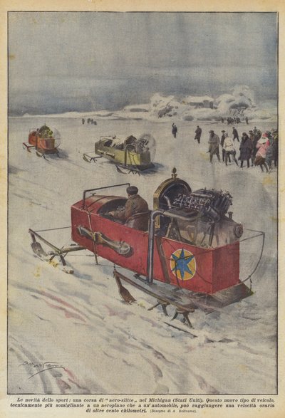 De nieuwigheden van de sport, een race van aerosledes in Michigan (Verenigde Staten) door Achille Beltrame