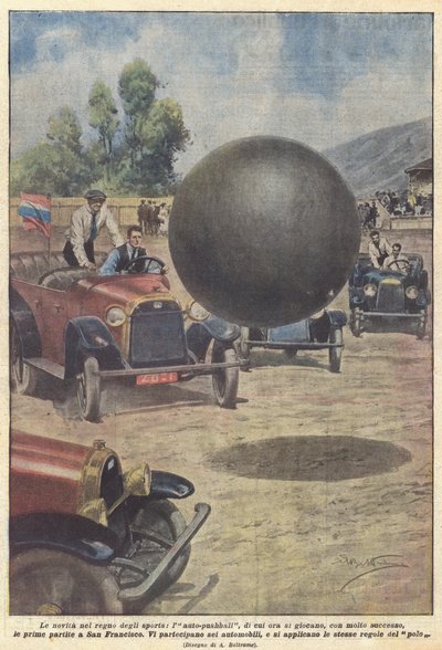 De nieuwigheden in het rijk der sporten, auto-pushball, dat nu met veel succes wordt gespeeld door Achille Beltrame
