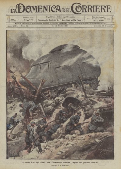De nieuwe wapens van de geallieerden, een Engelse dreadnought op Duitse posities door Achille Beltrame